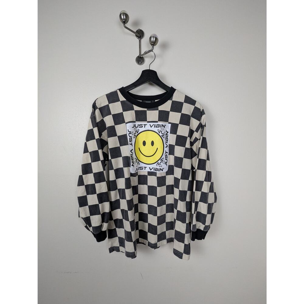 Forever 21 Just‎ Vibin' Smiley Face Checkerboard Long Sleeve T Size M